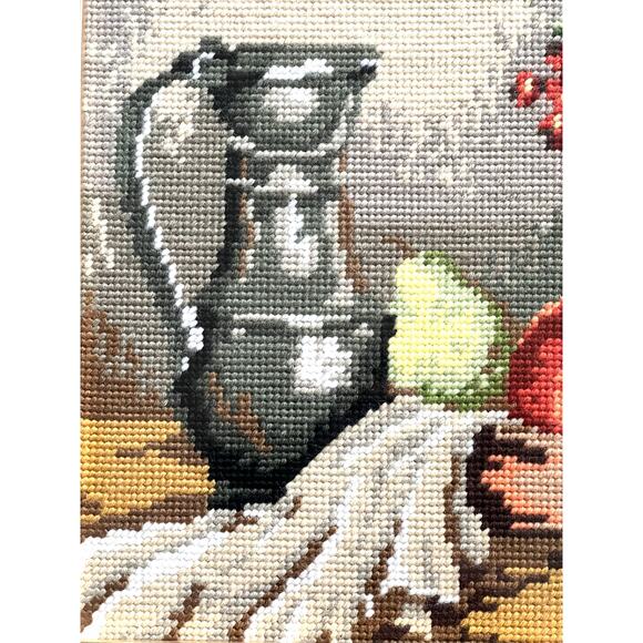 Framed needlepoint tapestry depicting a still-life scene. - Picture 2 of 6